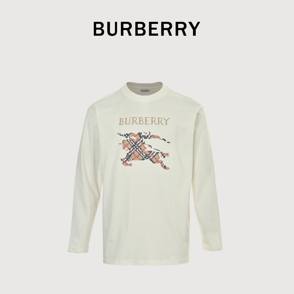 Burberry Check Equestrian Knight Large Graphic Long-Sleeve T-Shirt — Ecru