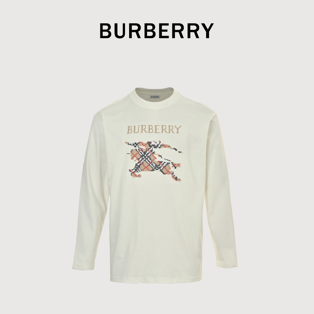 Burberry Check Equestrian Knight Large Graphic Long-Sleeve T-Shirt — Ecru