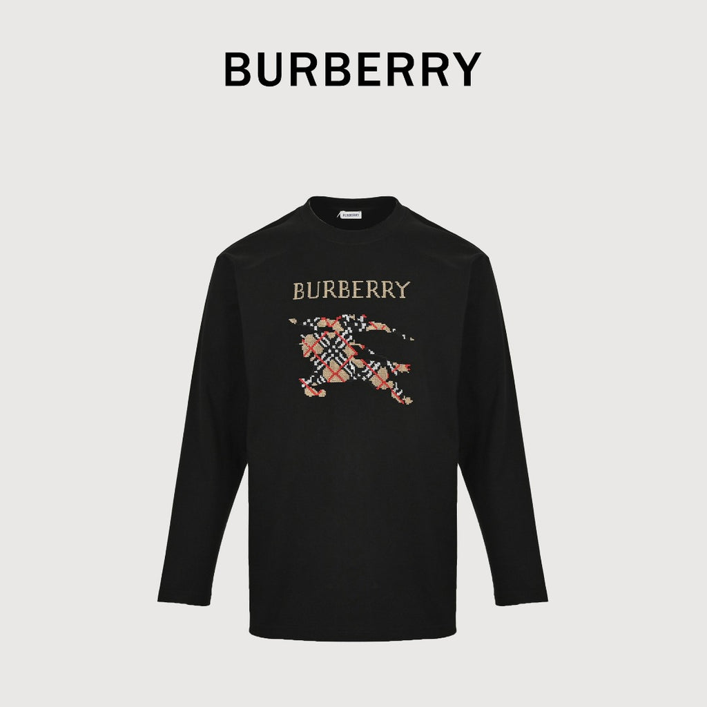 Burberry Check Equestrian Knight Large Graphic Long-Sleeve T-Shirt — Black