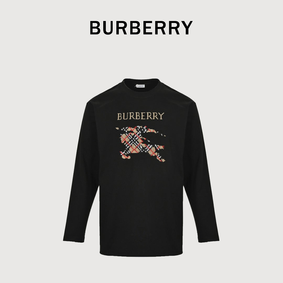 Burberry Check Equestrian Knight Large Graphic Long-Sleeve T-Shirt — Black