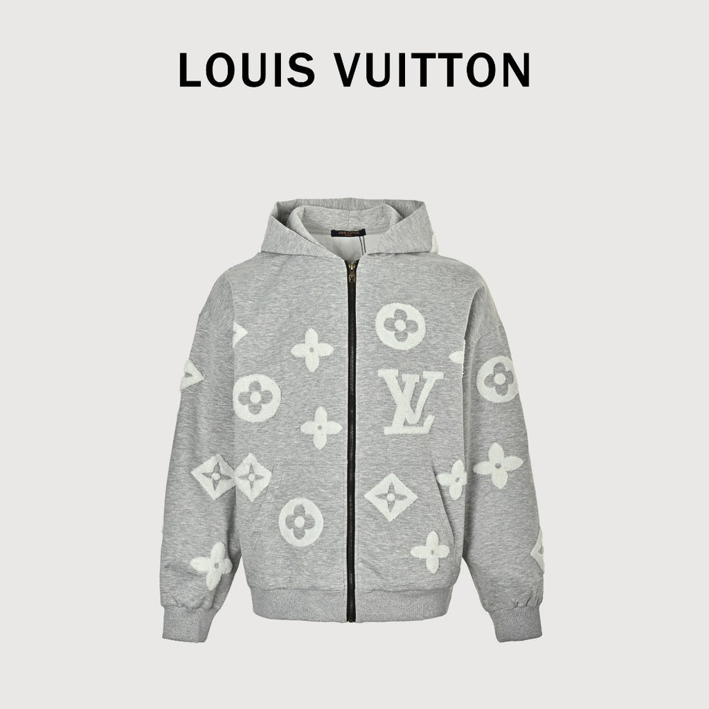 Louis Vuitton LV All-Over Monogram Towelling Logo Full-Zip Hoodie Jacket — Grey