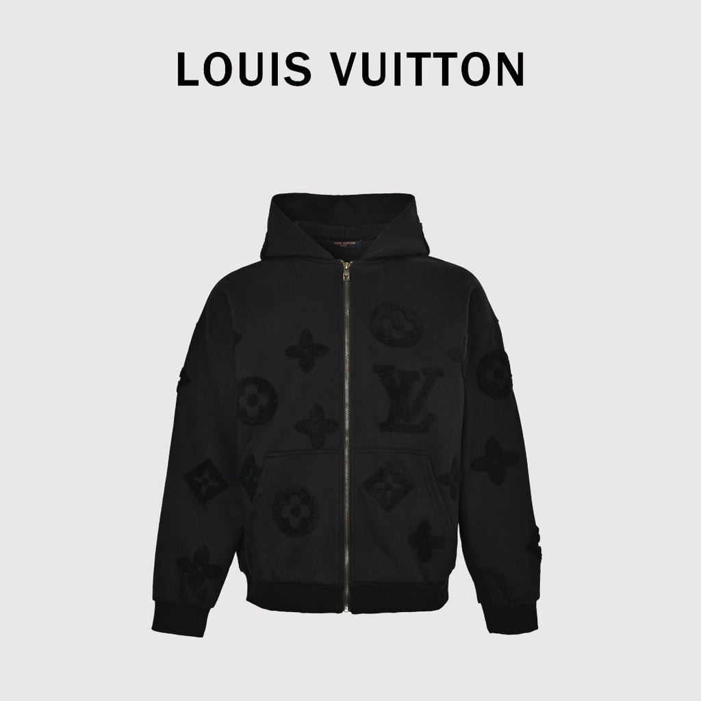 Louis Vuitton LV All-Over Monogram Towelling Logo Full-Zip Hoodie Jacket — Black