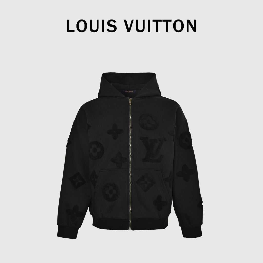 Louis Vuitton LV All-Over Monogram Towelling Logo Full-Zip Hoodie Jacket — Black