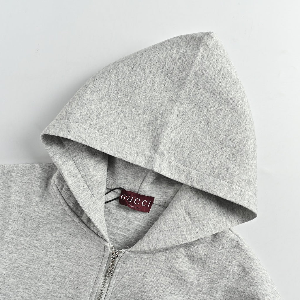 Gucci Small Logo Label Full-Zip Hoodie Jacket — Light Grey