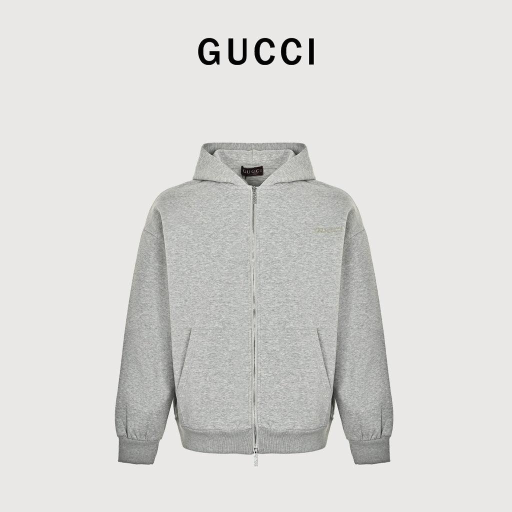Gucci Small Logo Label Full-Zip Hoodie Jacket — Light Grey