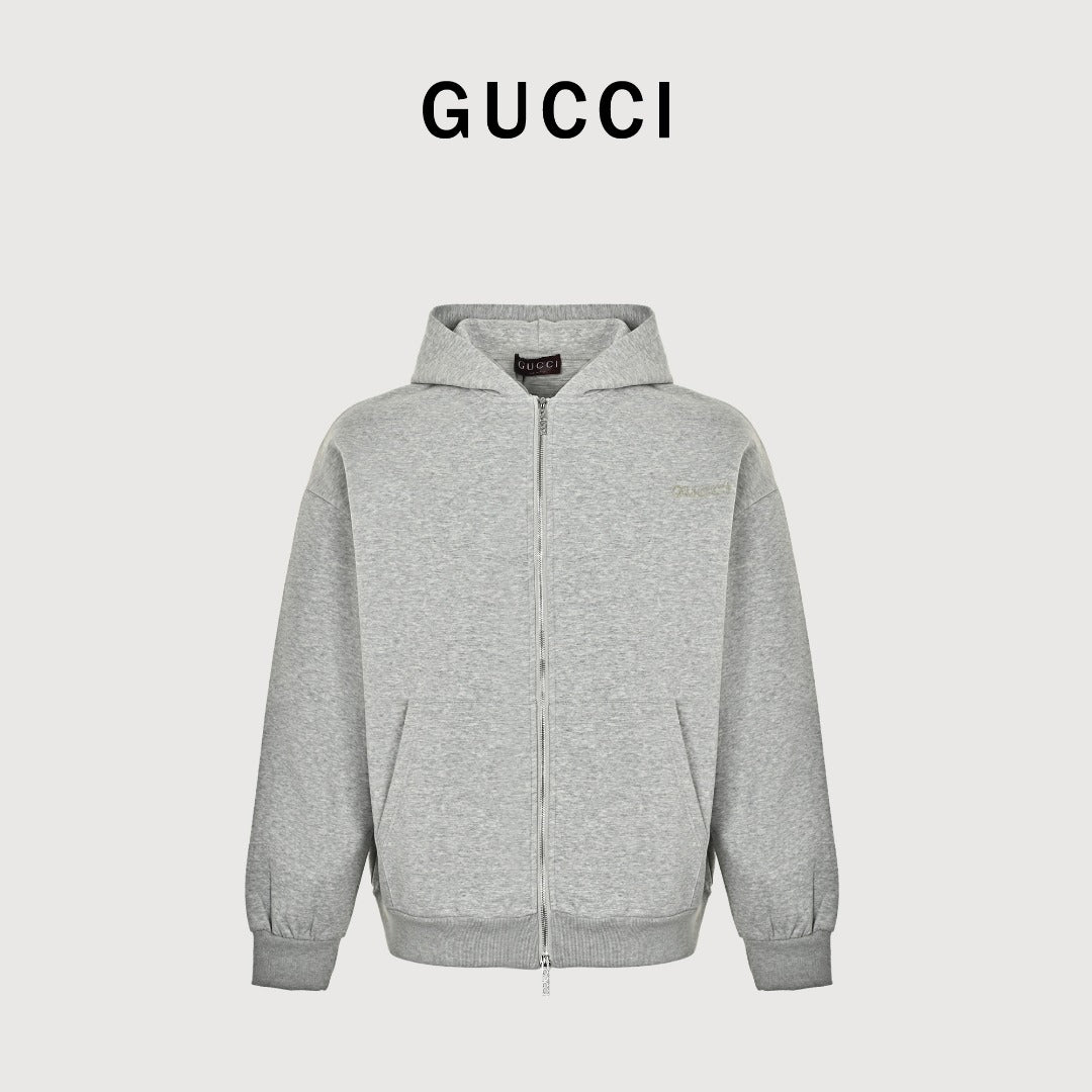 Gucci Small Logo Label Full-Zip Hoodie Jacket — Light Grey