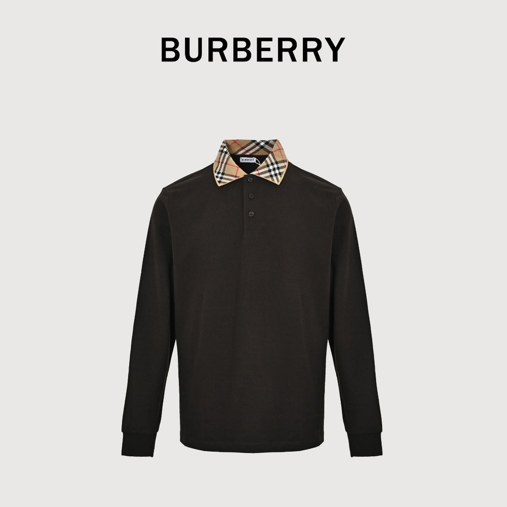 Burberry 26SS Check Collar Long-Sleeve Polo Shirt — Black