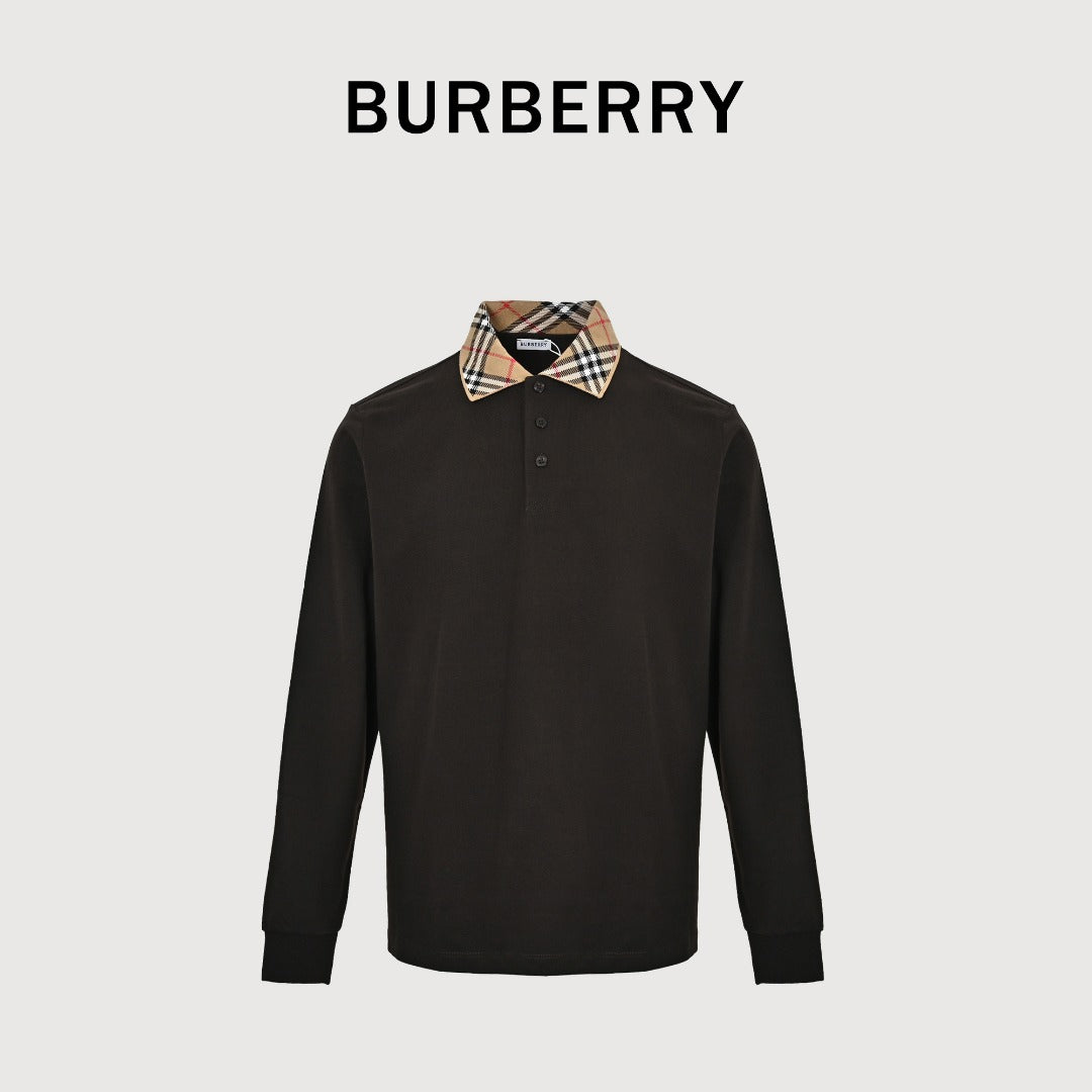 Burberry 26SS Check Collar Long-Sleeve Polo Shirt — Black