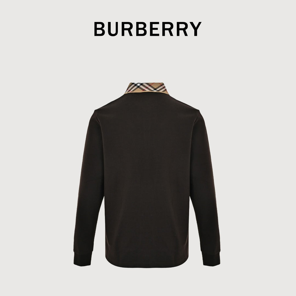 Burberry 26SS Check Collar Long-Sleeve Polo Shirt — Black