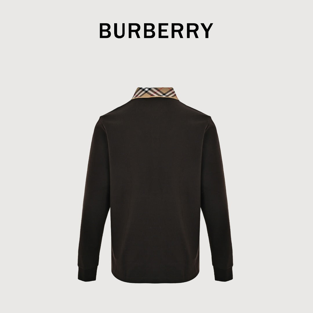 Burberry 26SS Check Collar Long-Sleeve Polo Shirt — Black
