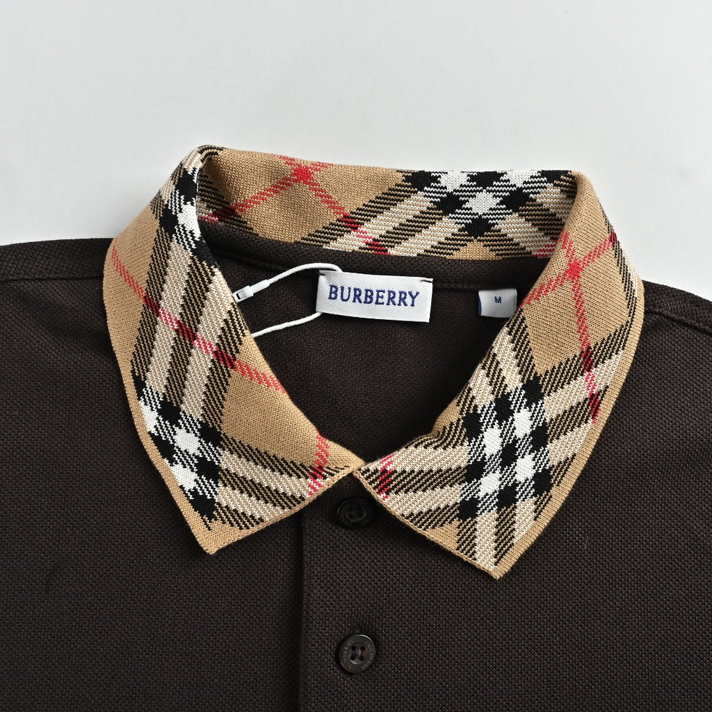 Burberry 26SS Check Collar Long-Sleeve Polo Shirt — Black