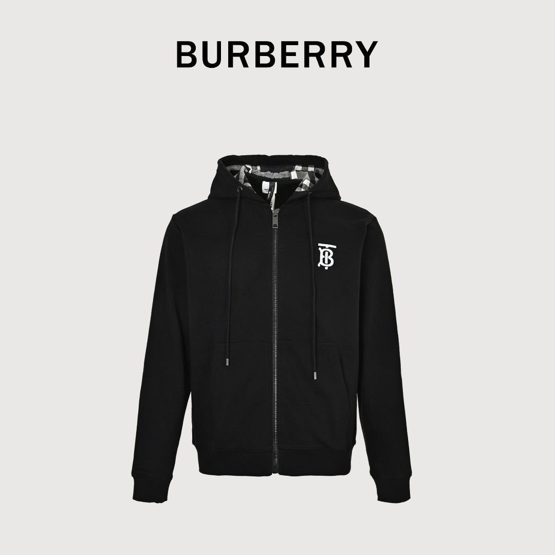Burberry TB Monogram Embroidery Check-Lined Hood Full-Zip Hoodie — Black