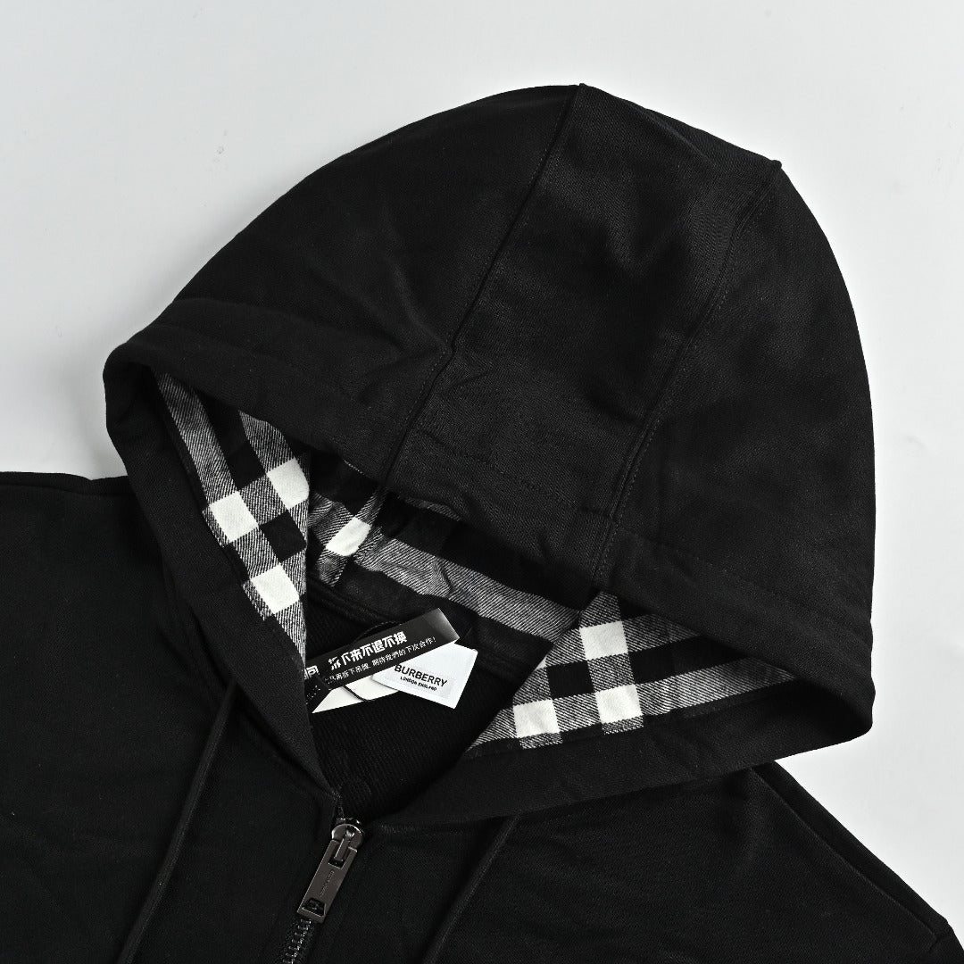 Burberry TB Monogram Embroidery Check-Lined Hood Full-Zip Hoodie — Black