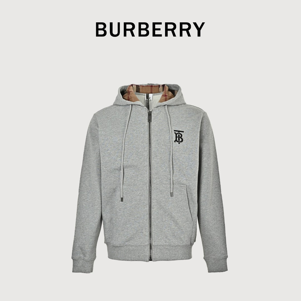 Burberry TB Monogram Embroidery Check-Lined Hood Full-Zip Hoodie — Heather Grey
