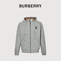 Burberry TB Monogram Embroidery Check-Lined Hood Full-Zip Hoodie — Heather Grey