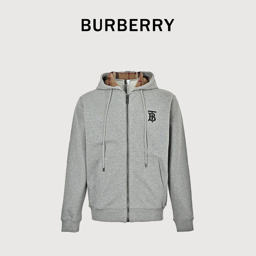 Burberry TB Monogram Embroidery Check-Lined Hood Full-Zip Hoodie — Heather Grey