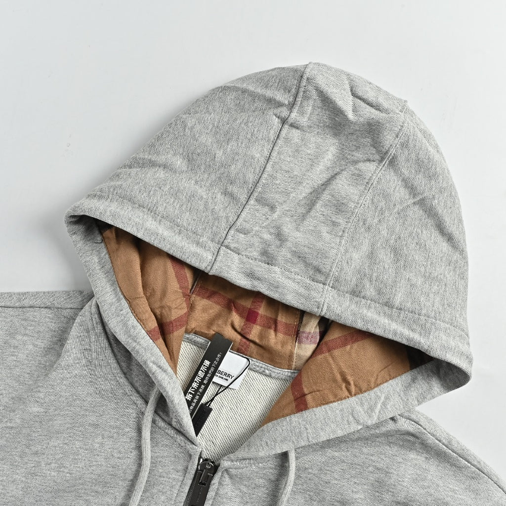 Burberry TB Monogram Embroidery Check-Lined Hood Full-Zip Hoodie — Heather Grey
