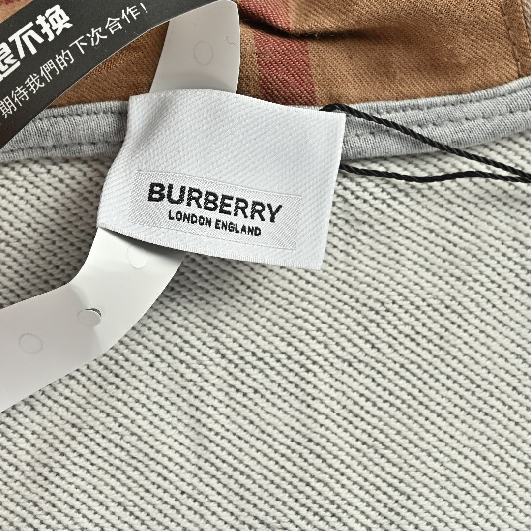 Burberry TB Monogram Embroidery Check-Lined Hood Full-Zip Hoodie — Heather Grey