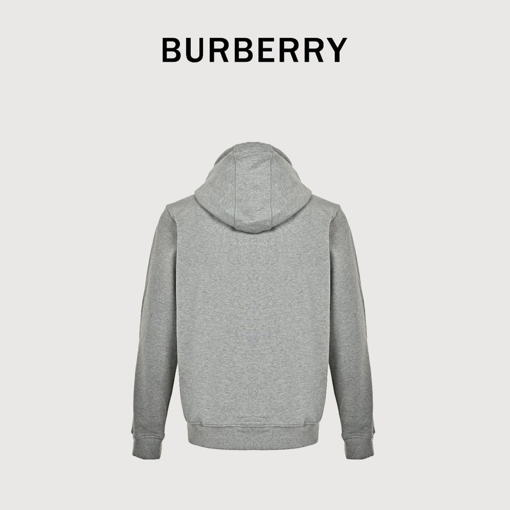 Burberry TB Monogram Embroidery Check-Lined Hood Full-Zip Hoodie — Heather Grey