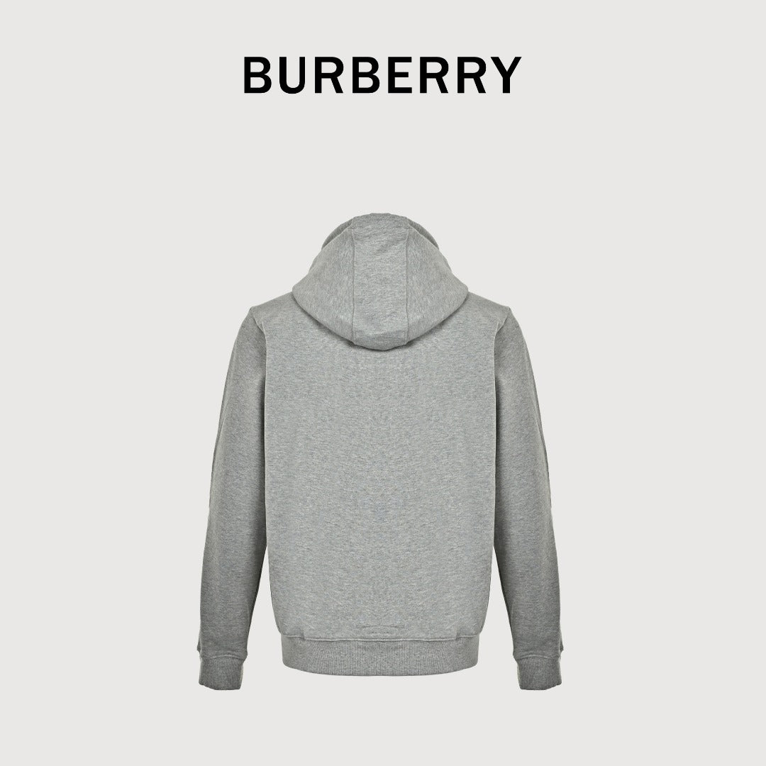 Burberry TB Monogram Embroidery Check-Lined Hood Full-Zip Hoodie — Heather Grey