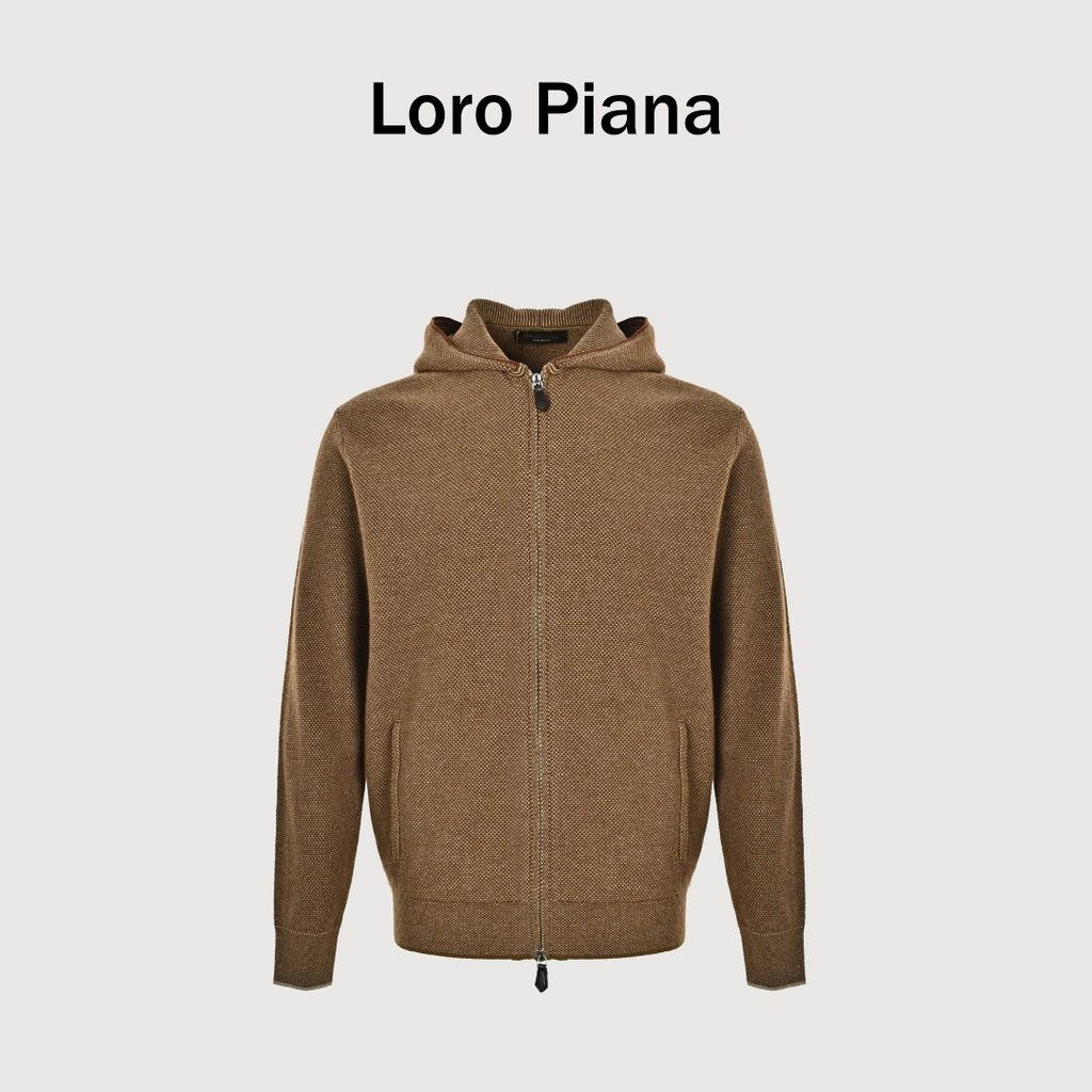 Loro Piana LP SS26 Woven Check Wool Full-Zip Hooded Jacket — Tobacco