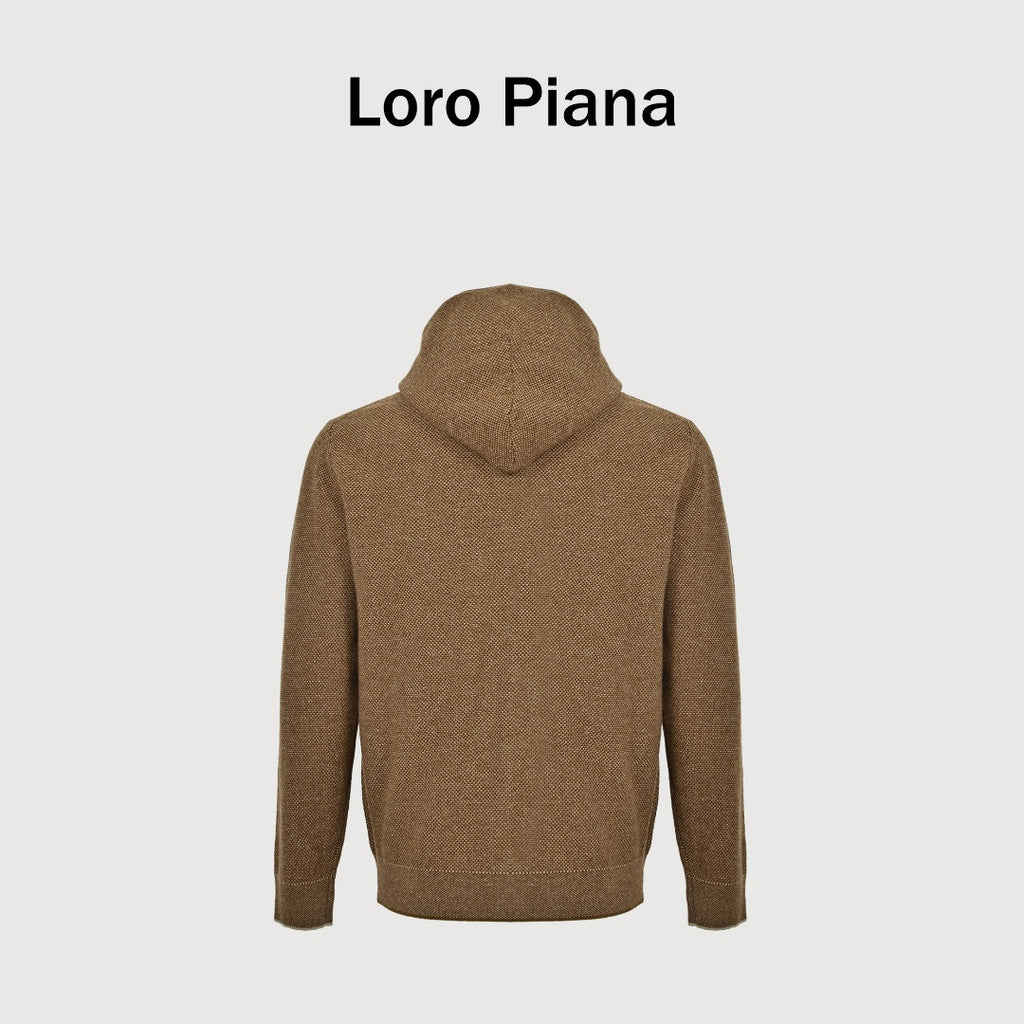 Loro Piana LP SS26 Woven Check Wool Full-Zip Hooded Jacket — Tobacco