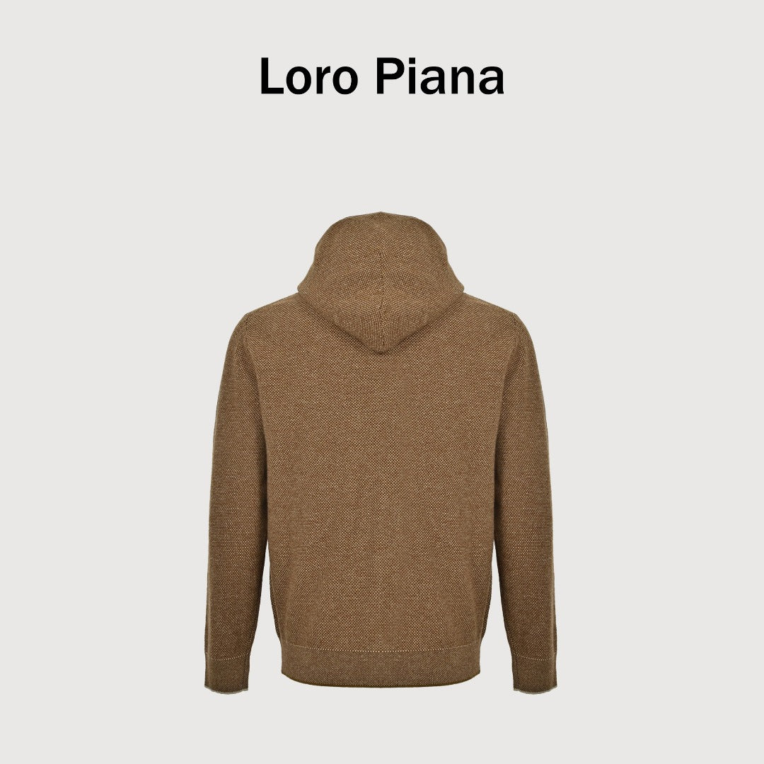 Loro Piana LP SS26 Woven Check Wool Full-Zip Hooded Jacket — Tobacco