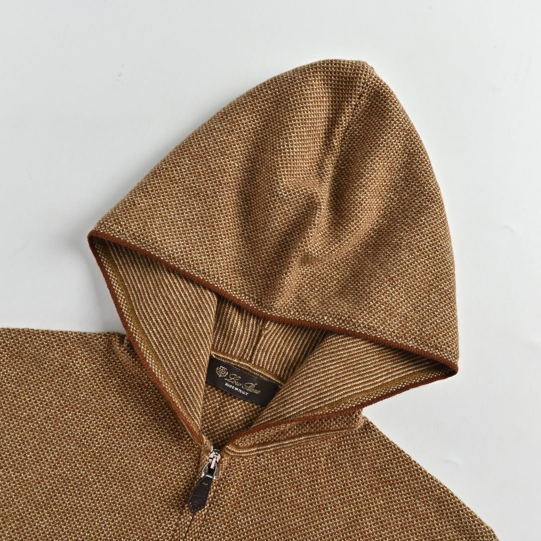Loro Piana LP SS26 Woven Check Wool Full-Zip Hooded Jacket — Tobacco