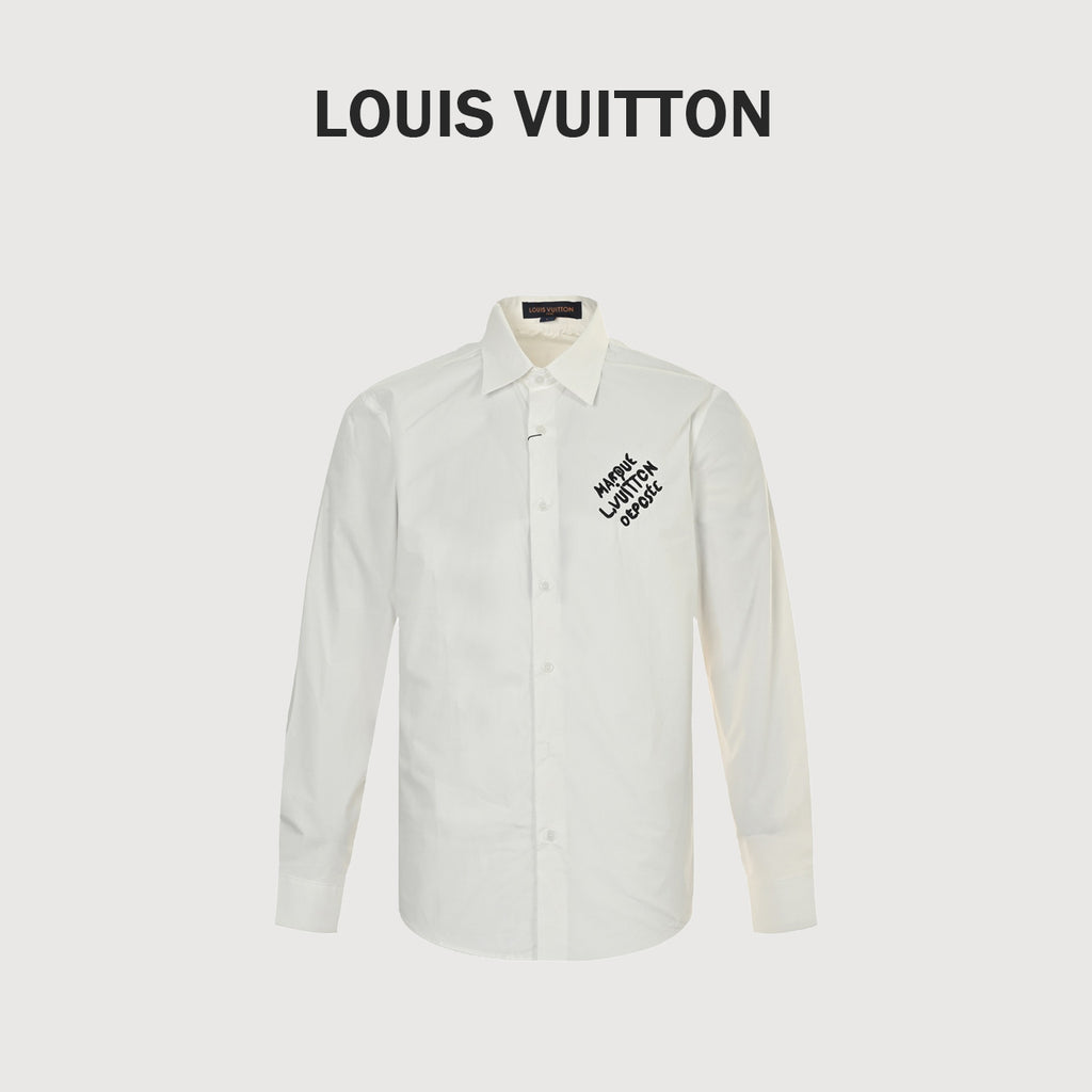 Louis Vuitton 25SS Embroidered Letter Logo Long-Sleeve Shirt — White