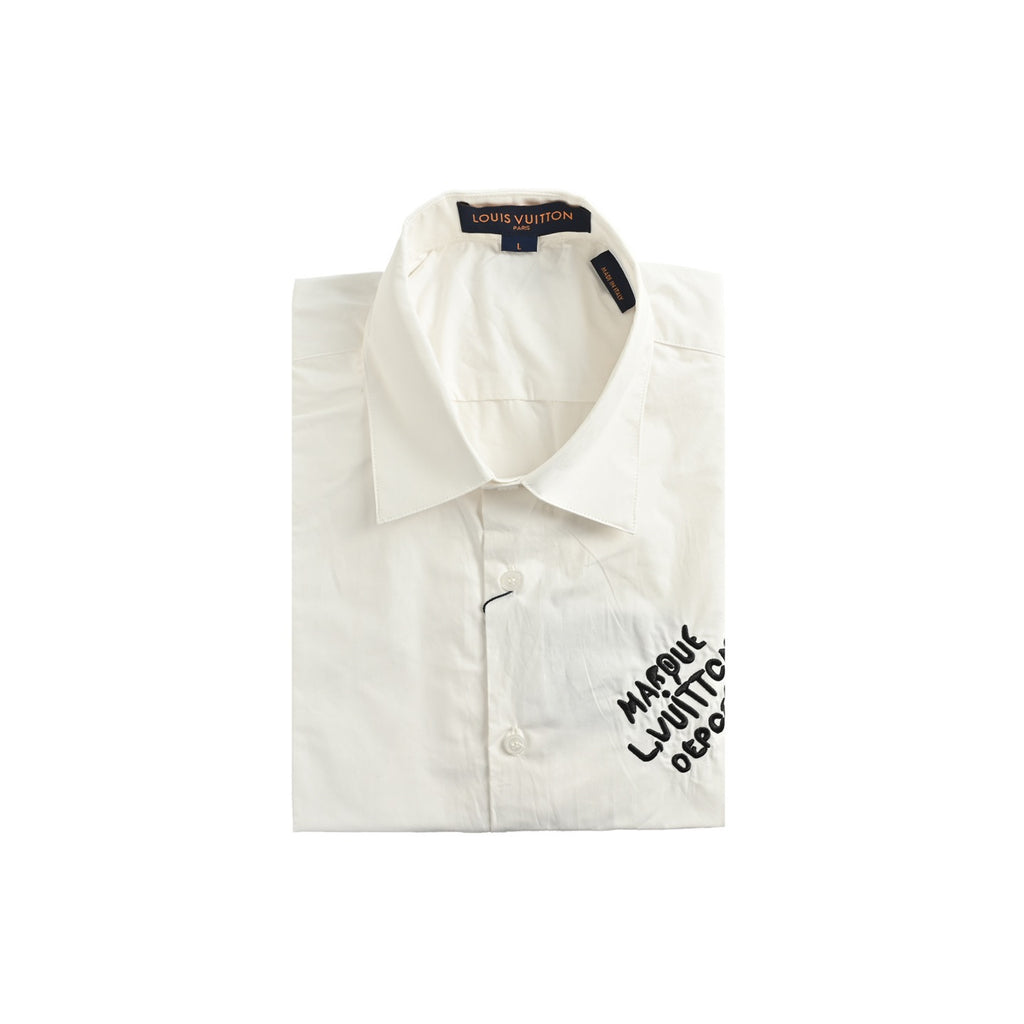 Louis Vuitton 25SS Embroidered Letter Logo Long-Sleeve Shirt — White