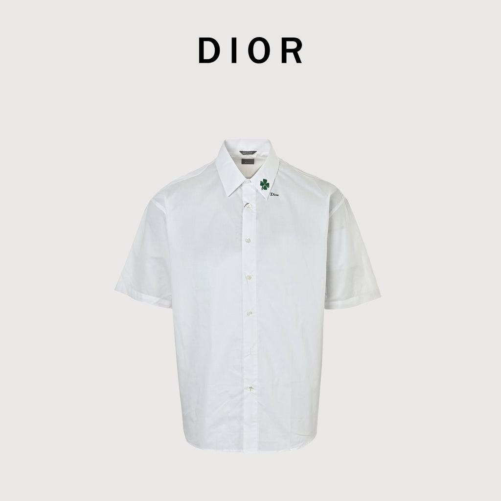 Dior CD Collar Four-Leaf Clover Embroidered Short Sleeve Shirt - White
