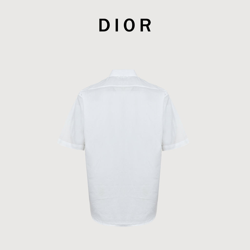Dior CD Collar Four-Leaf Clover Embroidered Short Sleeve Shirt - White