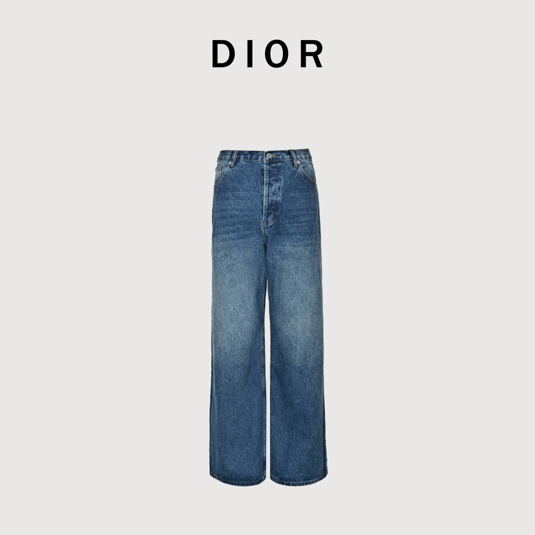 Dior CD Side Stripe Jacquard Letter Leather Patch Denim Jeans - Blue