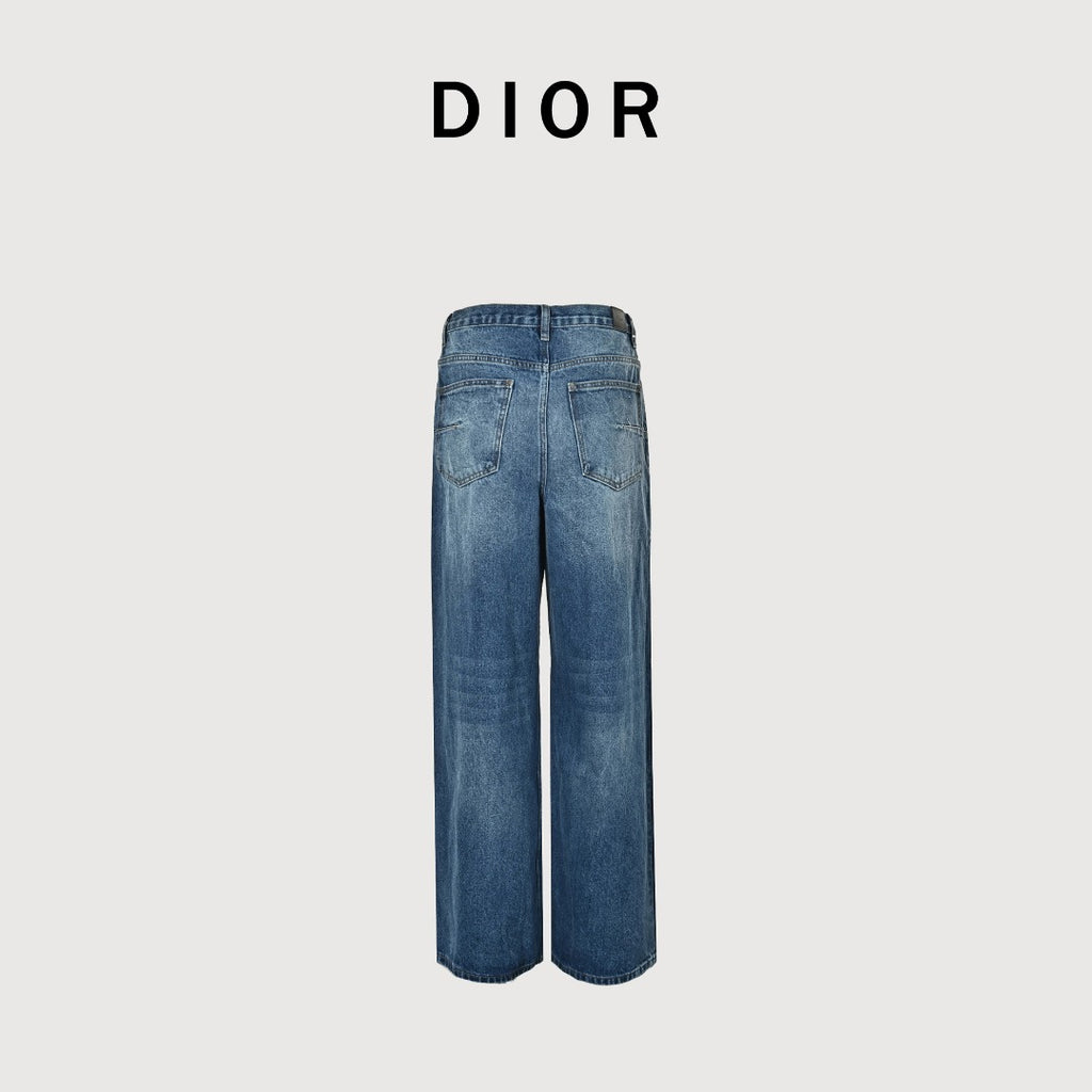 Dior CD Side Stripe Jacquard Letter Leather Patch Denim Jeans - Blue