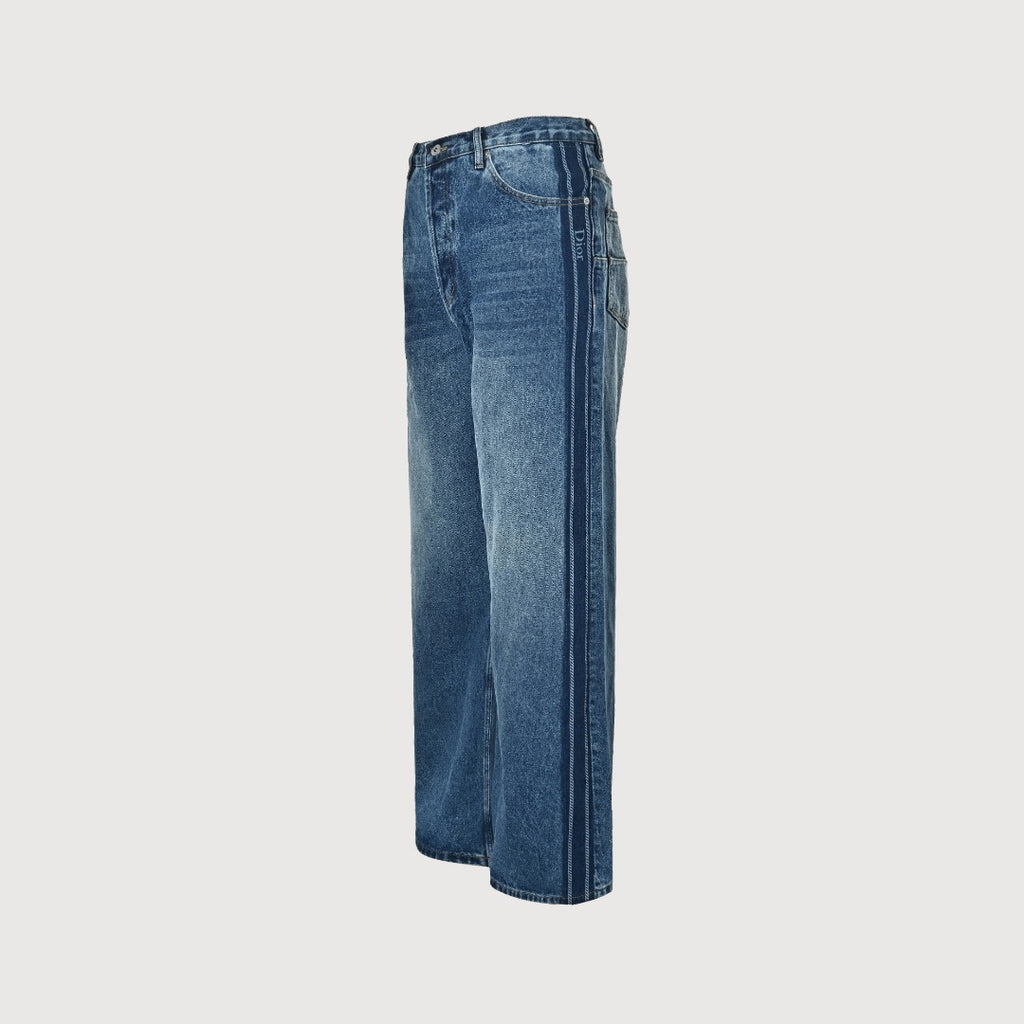 Dior CD Side Stripe Jacquard Letter Leather Patch Denim Jeans - Blue