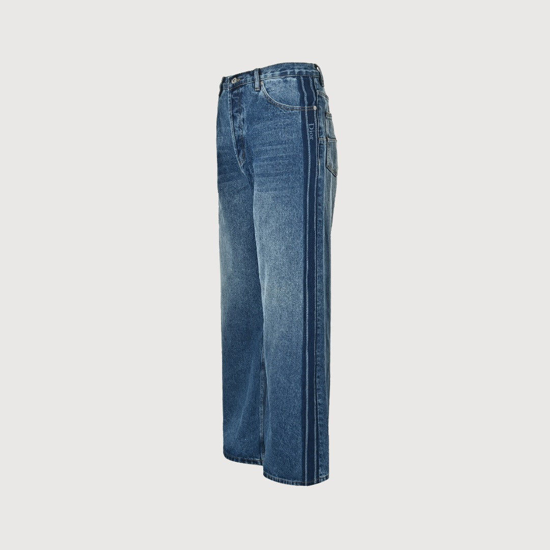 Dior CD Side Stripe Jacquard Letter Leather Patch Denim Jeans - Blue