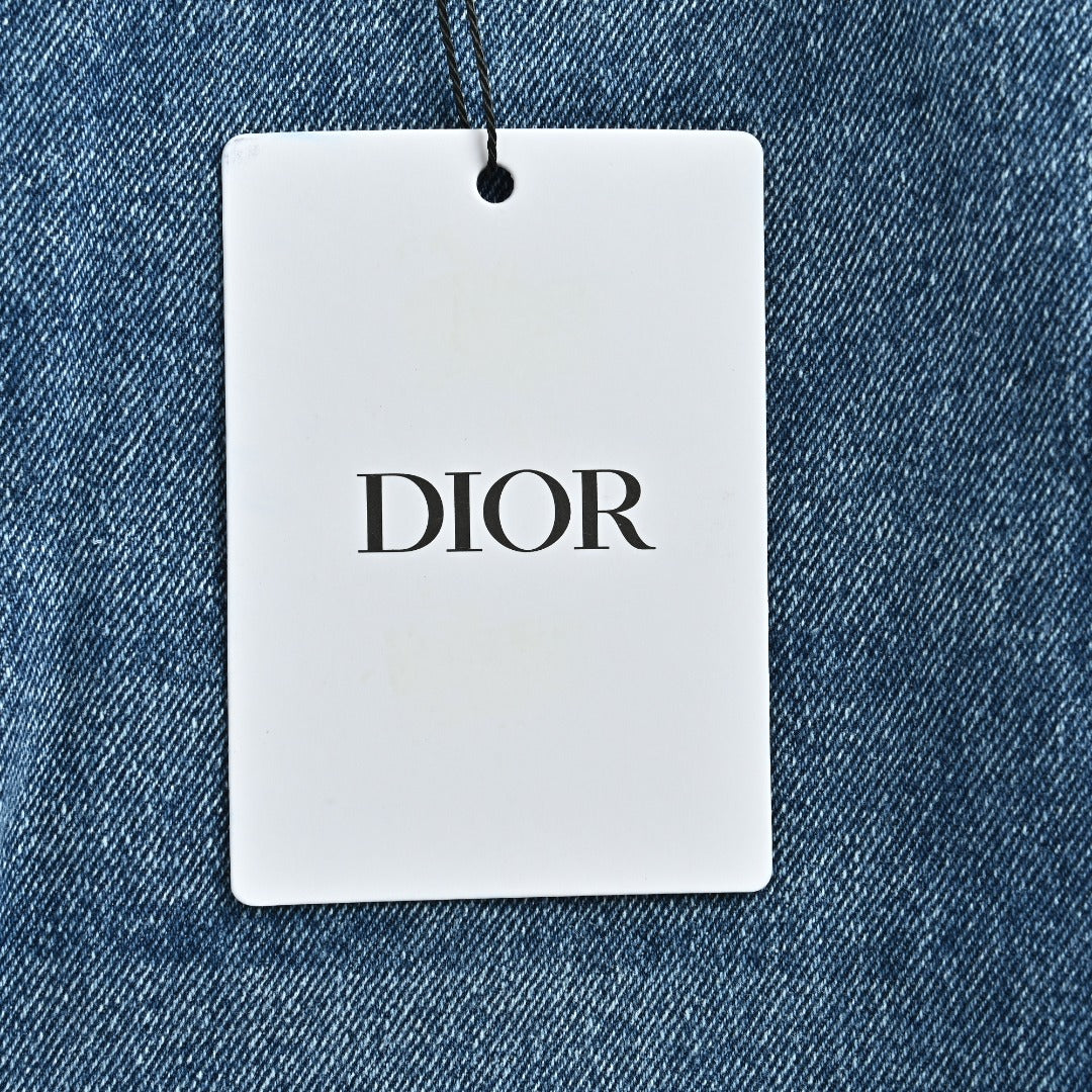 Dior CD Side Stripe Jacquard Letter Leather Patch Denim Jeans - Blue