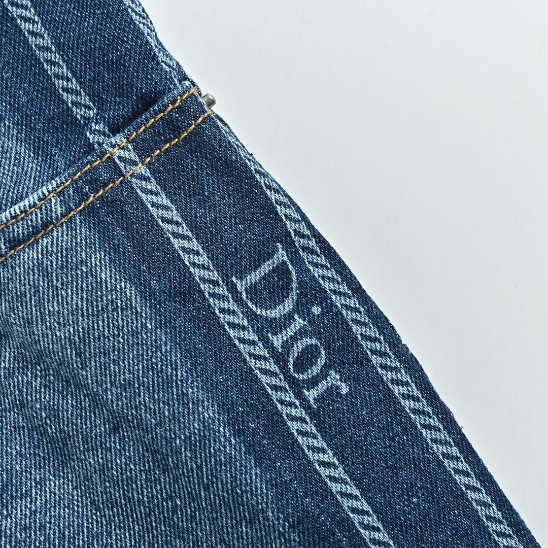 Dior CD Side Stripe Jacquard Letter Leather Patch Denim Jeans - Blue
