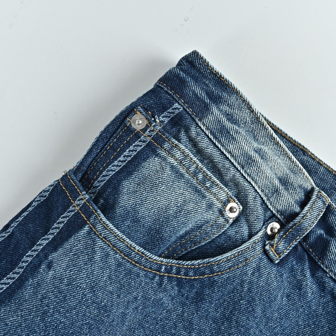 Dior CD Side Stripe Jacquard Letter Leather Patch Denim Jeans - Blue