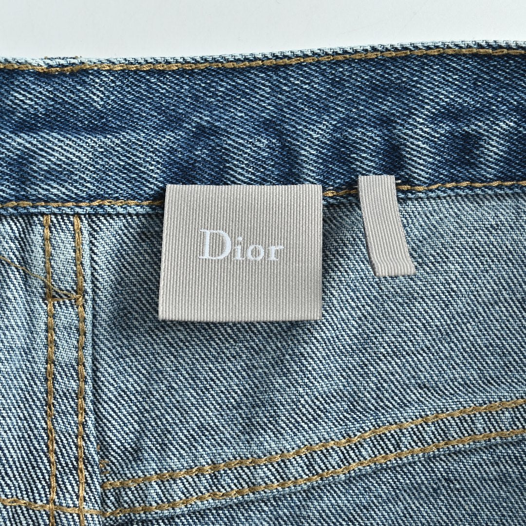 Dior CD Side Stripe Jacquard Letter Leather Patch Denim Jeans - Blue