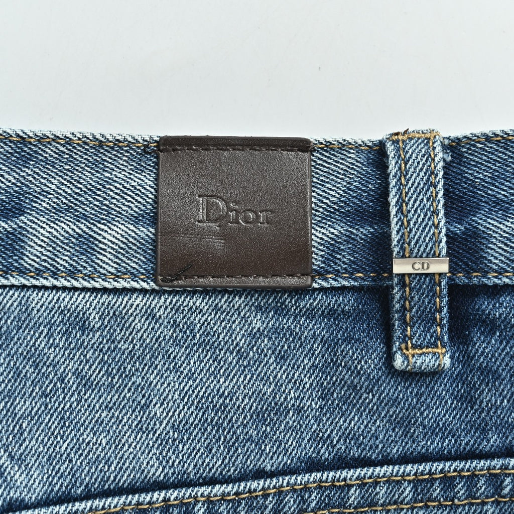 Dior CD Side Stripe Jacquard Letter Leather Patch Denim Jeans - Blue