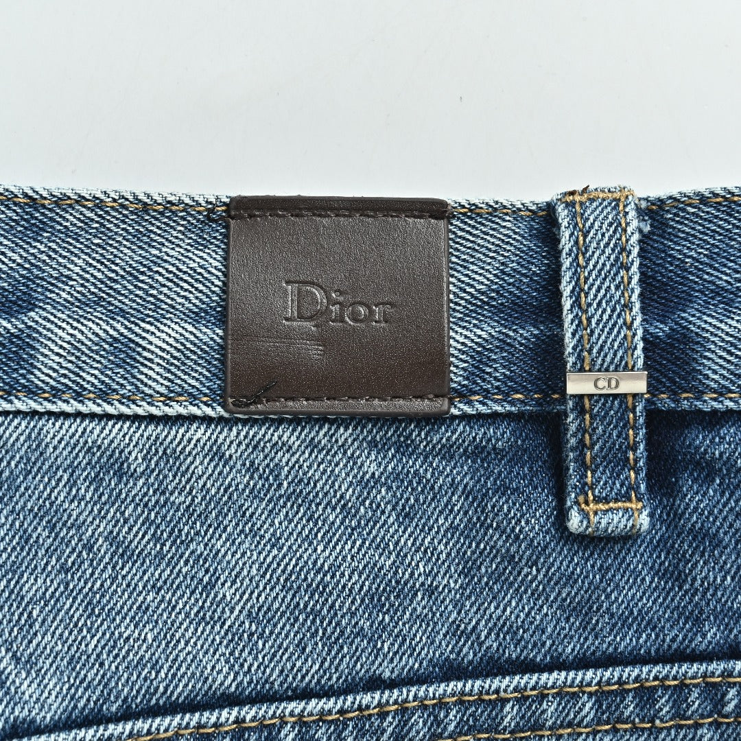 Dior CD Side Stripe Jacquard Letter Leather Patch Denim Jeans - Blue