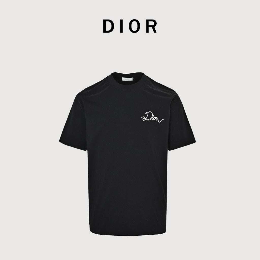 Dior CD Cursive Slogan Chain Embroidered Short Sleeve T-Shirt - Black