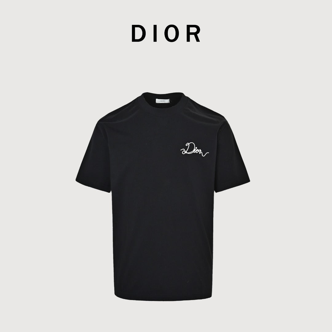 Dior CD Cursive Slogan Chain Embroidered Short Sleeve T-Shirt - Black