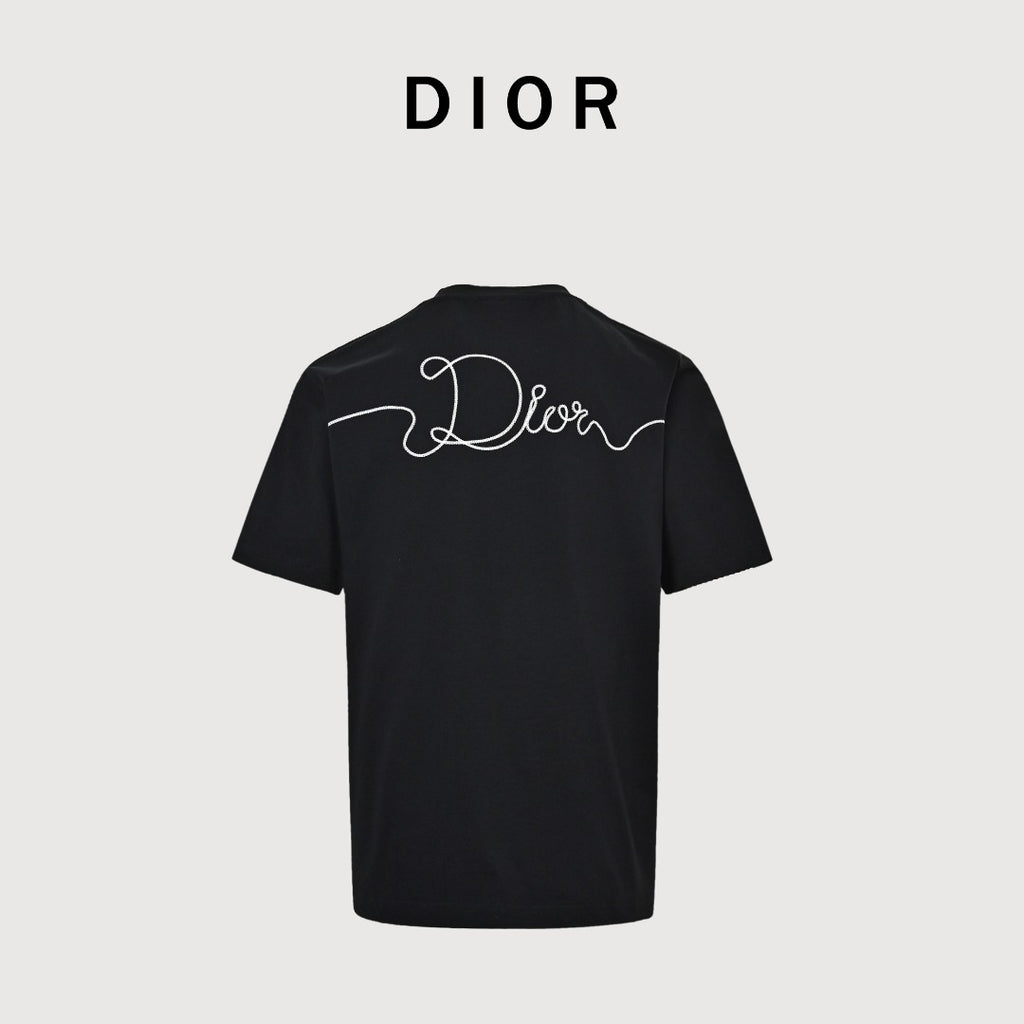 Dior CD Cursive Slogan Chain Embroidered Short Sleeve T-Shirt - Black