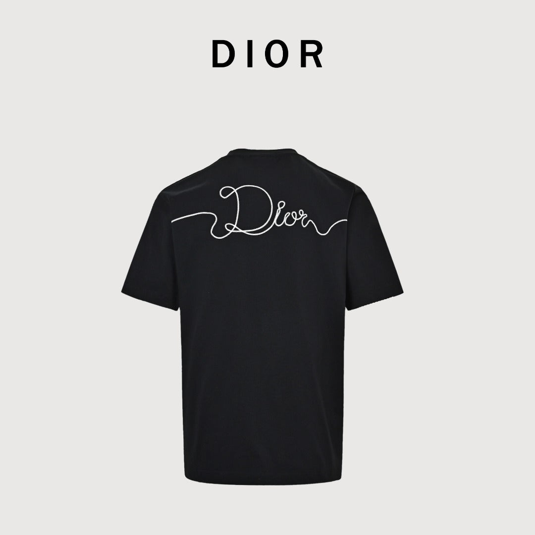 Dior CD Cursive Slogan Chain Embroidered Short Sleeve T-Shirt - Black