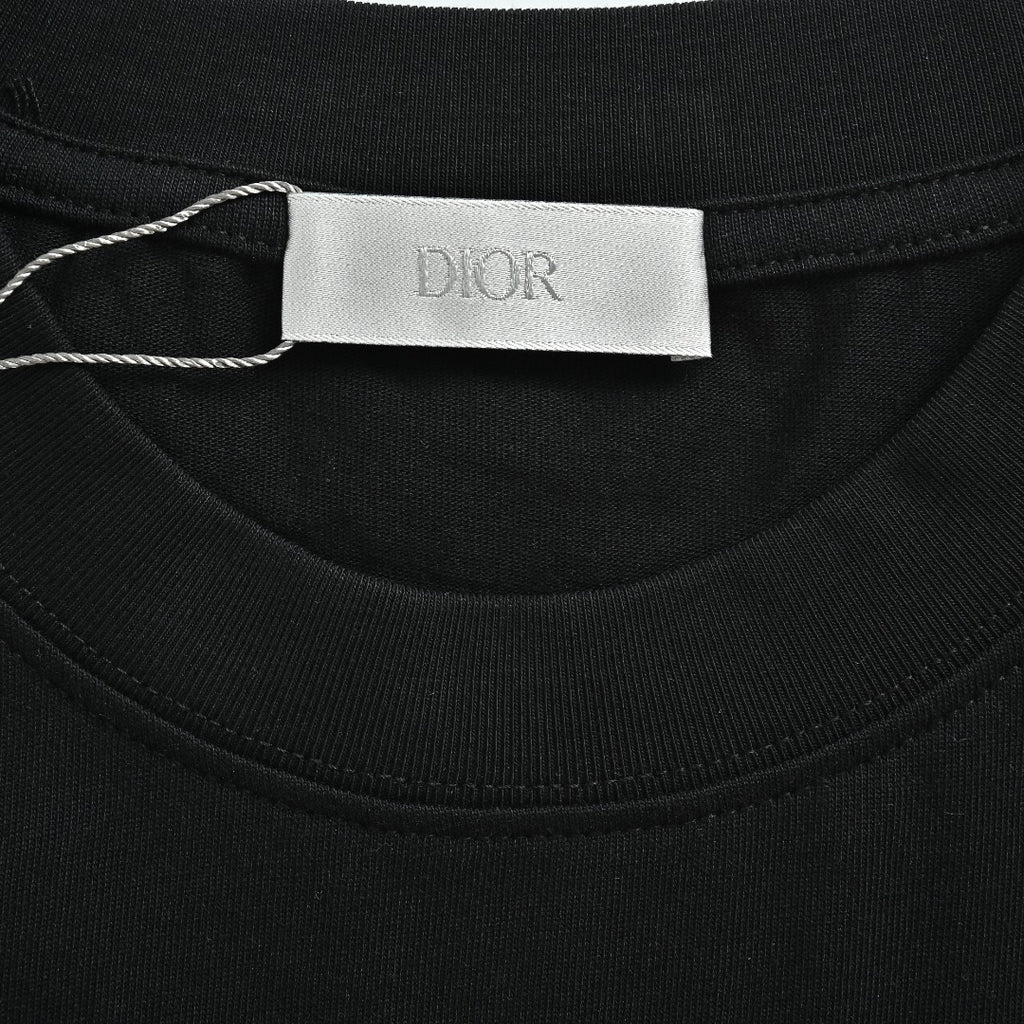 Dior CD Cursive Slogan Chain Embroidered Short Sleeve T-Shirt - Black