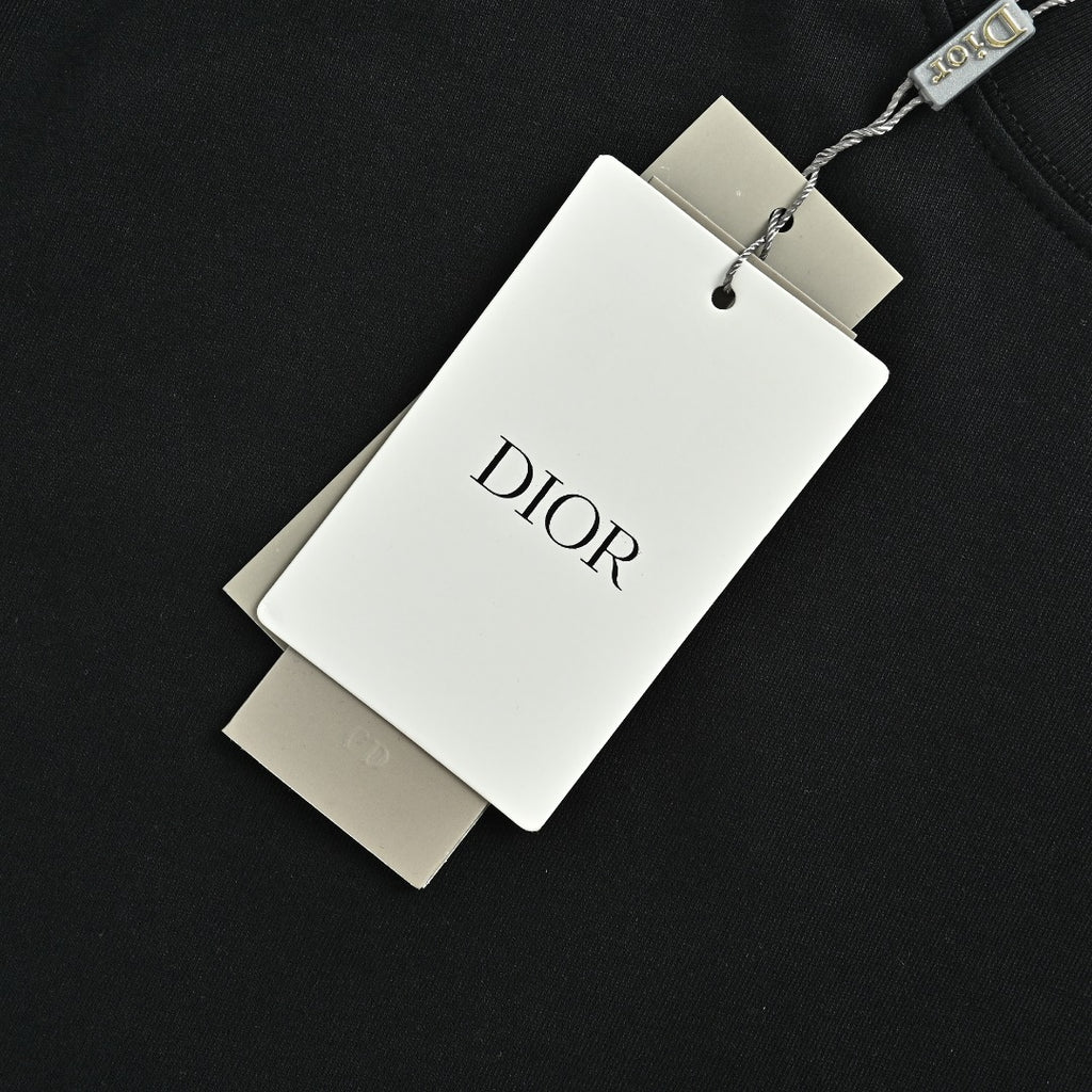 Dior CD Cursive Slogan Chain Embroidered Short Sleeve T-Shirt - Black