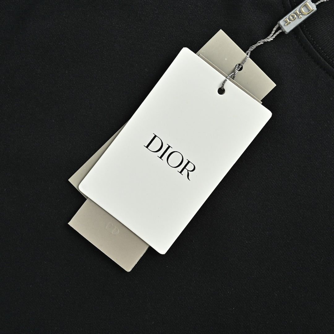 Dior CD Cursive Slogan Chain Embroidered Short Sleeve T-Shirt - Black