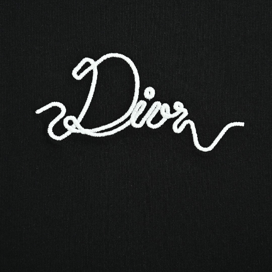 Dior CD Cursive Slogan Chain Embroidered Short Sleeve T-Shirt - Black